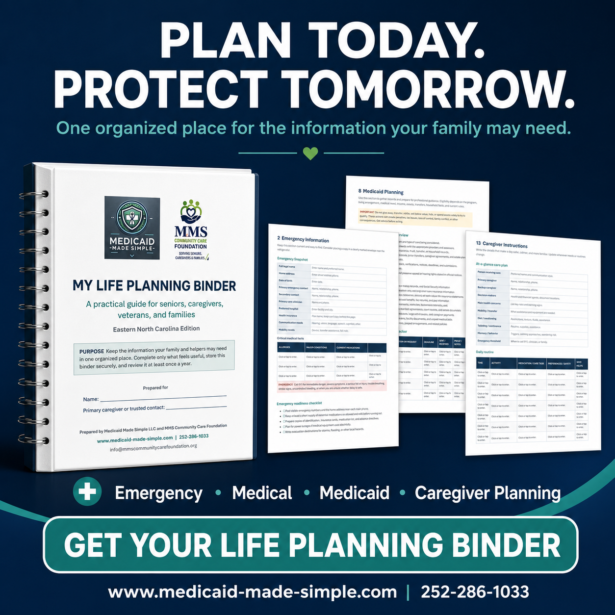 My Life Planning Binder with emergency, medical, Medicaid, and caregiver planning pages